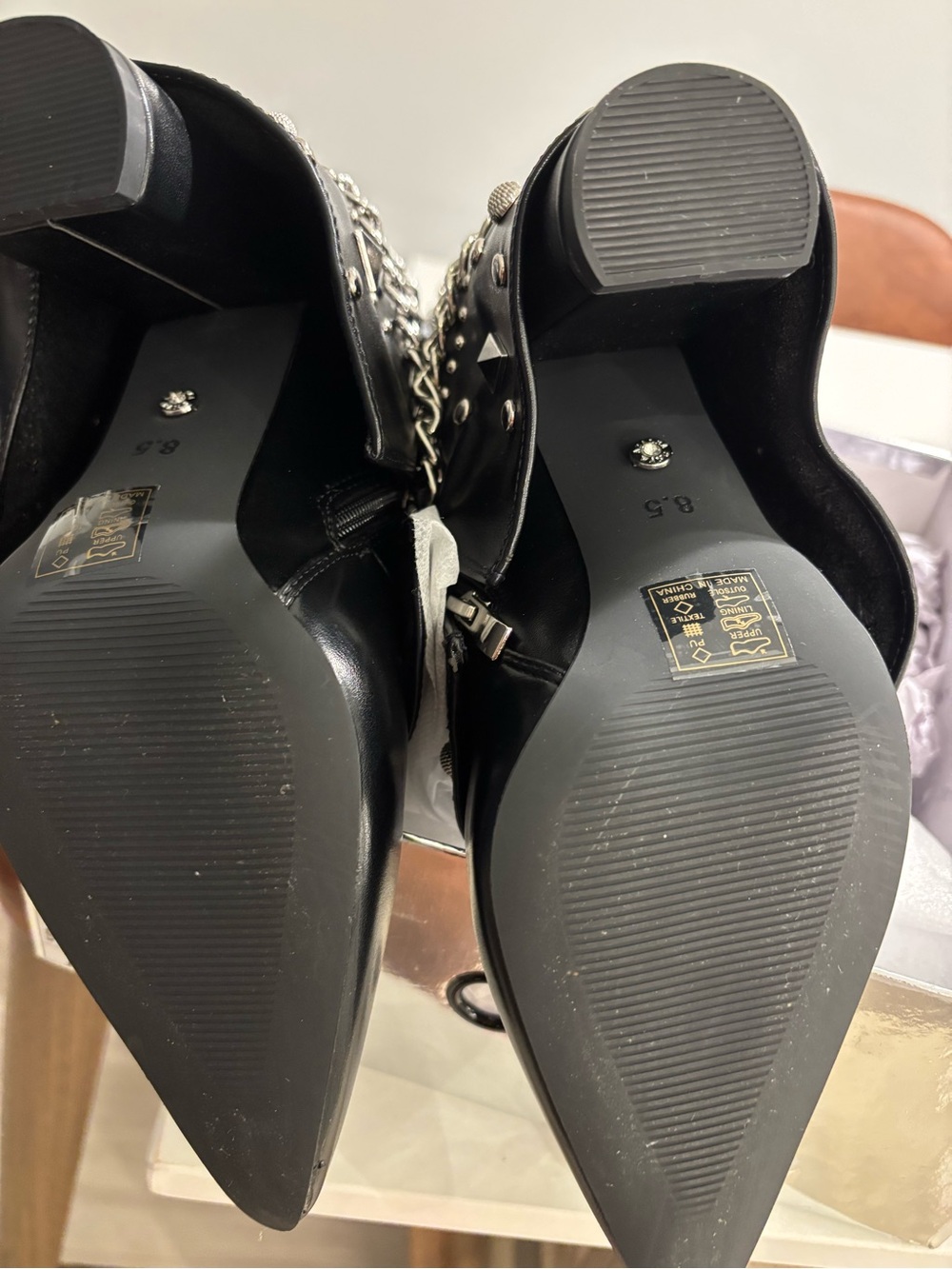 Black Studded Chain-Embellished Leather Boot - Picture 4 of 4